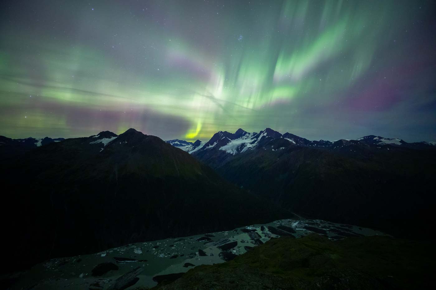 Northern lights over Valdez Glacier.